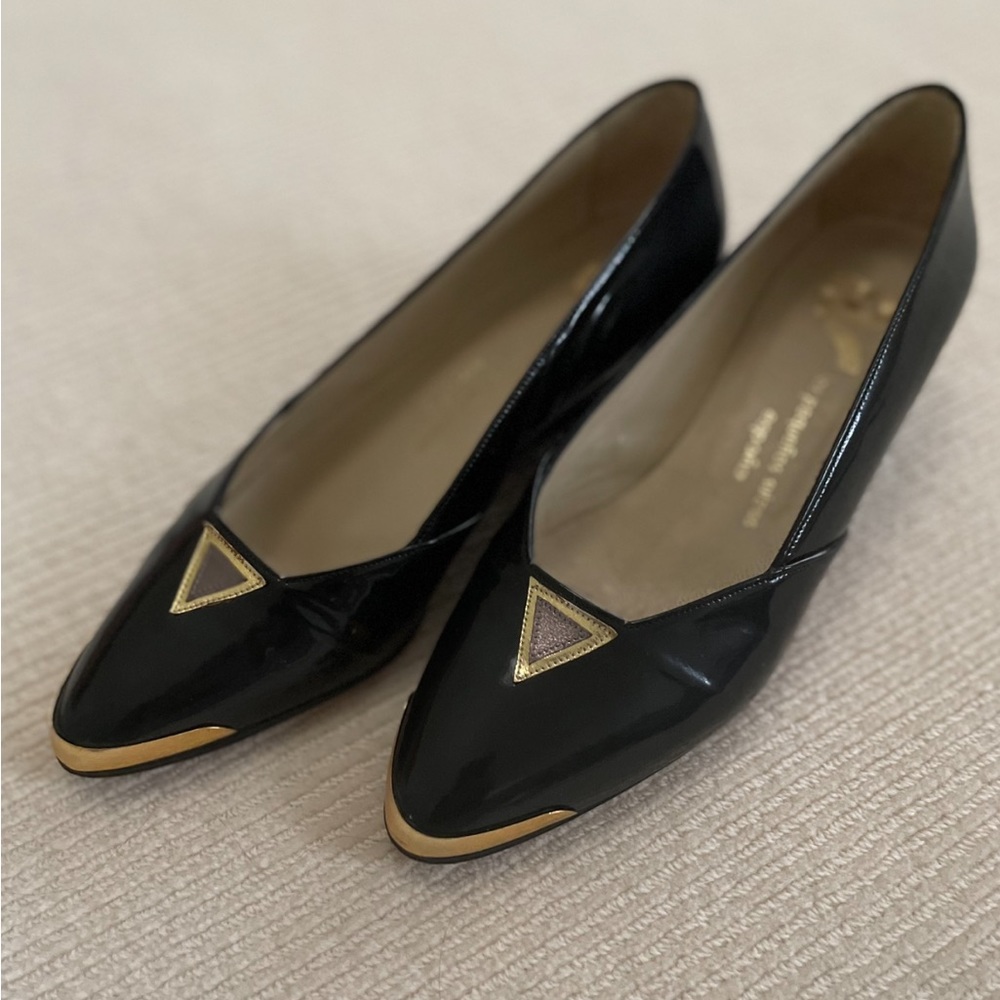 PS -Elegant Black and Gold Women's
Patent Leather Low Heel
